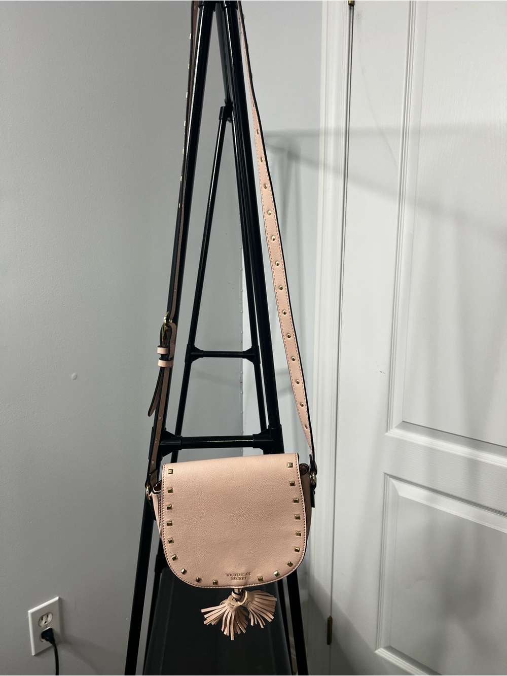 Victoria's Secret Blush Pink Studded Saddle Crossbody Bag Tassel Purse